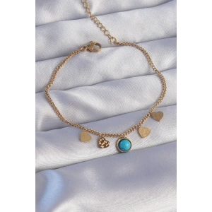 BFS 316L Çelik Gold Renk Minimal Kalpli Mavi Taş Detaylı Bileklik