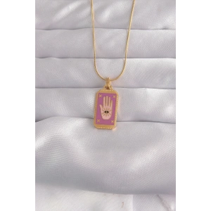 BFS 316L Çelik Gold Renk Mor Mineli El Figür Tarot Kolye