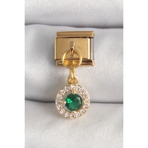 BFS 316L Çelik Gold Renk Sallantı Yeşil Zirkon Taşlı Nomination Charm