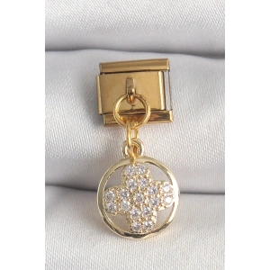 BFS 316L Çelik Gold Renk Sallantı Zirkon Taşlı Yonca Model Nomination Charm