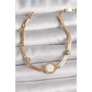 BFS 316L Çelik Gold Renk Yassı Zincir Model Zirkon Taş Detaylı Beyaz Mineli Madalyon Model Kadın Bileklik
