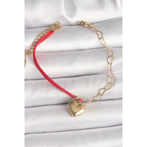 BFS 316L Çelik Gold Renk Zincir Kırmızı İp Model Sallantı Kalp Figür İşleme Detaylı Kadın Bileklik