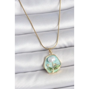 BFS 316L Çelik Gold Renk Zincir Mavi Çiçek İşlemeli İnci İşlemeli Portre Model Kadın Kolye