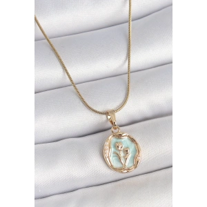 BFS 316L Çelik Gold Renk Zincir Turkuaz Mineli Çiçek İşlemeli Portre Model Kadın Kolye