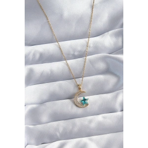 BFS 316L Çelik Gold Renk Zincir Zirkon Taş Detay Hilal Yıldızı Figür Kadın Kolye