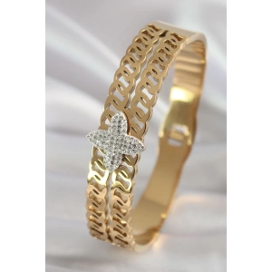 BFS 316L Çelik Gold Renk Zirkon Taşlı Çiçek Model Kadın Kelepçe