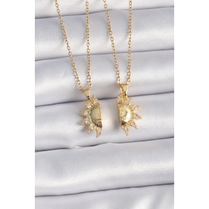 BFS 316L Çelik Gold Renk Zirkon Taşlı Güneş Model İşleme Yazı Detay Arkadaş Kolyesi
