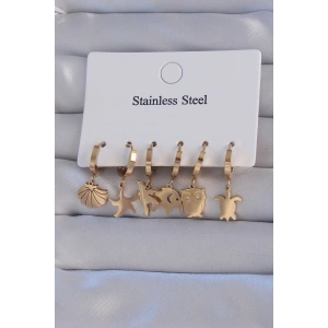 BFS 316L Çelik Gold Renk Zirkon Taşlı Hayvan Figürlü Deniz Yıldızı Model Halka Küpe Seti