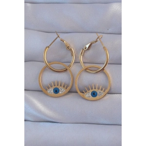 BFS 316L Çelik Gold Renk Zirkon Taşlı Mavi Göz Tasarımlı Halka Küpe