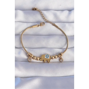 BFS 316L Çelik Gold Renk Zirkon Taşlı Nazarlı Fil Tasarımlı Bileklik