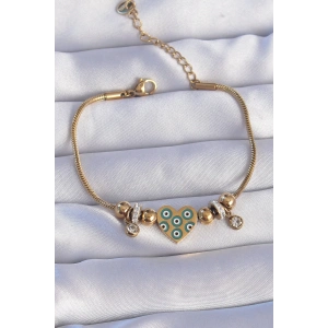 BFS 316L Çelik Gold Renk Zirkon Taşlı Nazarlı Kalp Tasarımlı Bileklik