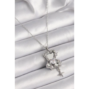 BFS 316L Çelik Gümüş Renk Ayna Ayıcık Model Zirkon Taşlı Kalp Detay Kadın Kolye