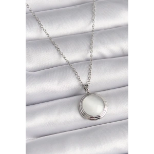 BFS 316L Çelik Gümüş Renk Beyaz Sedefli Daire Model Kadın Kolye