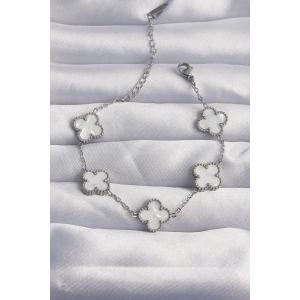 BFS 316L Çelik Gümüş Renk Beyaz Sedefli Yonca Bileklik