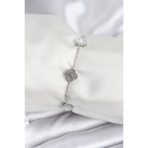 BFS 316L Çelik Gümüş Renk Beyaz ve Zirkon Taşlı Baby Boy Yonca Kadın Bileklik
