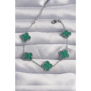 BFS 316L Çelik Gümüş Renk Çizgili Yeşil Mineli Yonca Bileklik