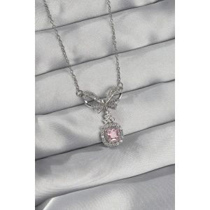 BFS 316L Çelik Gümüş Renk Fiyonk Detay Pembe Zirkon Taşlı Tektaş Kolye