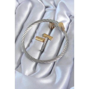 BFS 316L Çelik Gümüş Renk Gold Detay Sarmal Model Erkek Bileklik Yüzük Kombini