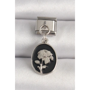 BFS 316L Çelik Gümüş Renk Gümüş Çiçek İşlemeli Siyah Portre Model Nomination Charm