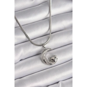 BFS 316L Çelik Gümüş Renk İtalyan Zincir Zirkon Taşlı Halil Figür Kalp Detay Kadın Kolye