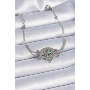 BFS 316L Çelik Gümüş Renk Mavi Taşlı Etnik Desen Kadın Bileklik