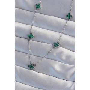 BFS 316L Çelik Gümüş Renk Minimal Yeşil Mineli Yonca Kolye