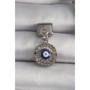 BFS 316L Çelik Gümüş Renk Sallantı Zirkon Taşlı Göz Model Nazar Boncuk Detay Nomination Charm