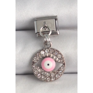 BFS 316L Çelik Gümüş Renk Sallantı Zirkon Taşlı Pembe Göz Model Nomination Charm