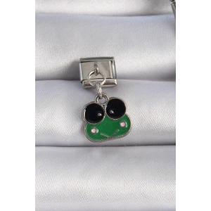 BFS 316L Çelik Gümüş Renk Sallantılı Yeşil Kurbağa Figür Nomination Charm