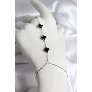 BFS 316L Çelik Gümüş Renk Siyah Yonca Model Kadın Şahmeran