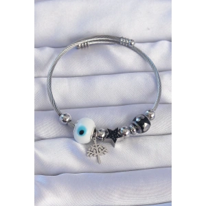 BFS 316L Çelik Gümüş Renk Siyah Zirkon Taşlı Yıldız Tasarımlı Ağaç Detay Nazarlı Charm Bileklik