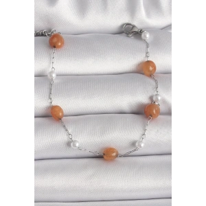 BFS 316L Çelik Gümüş Renk Turuncu Doğaltaş Model İnci Detay Kadın Bileklik