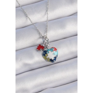 BFS 316L Çelik Gümüş Renk Yapboz Motif Kalp Figür Charm Model Kadın Kolye