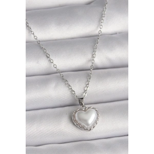 BFS 316L Çelik Gümüş Renk Zincir 3D İnci Kalp Model Kadın Kolye