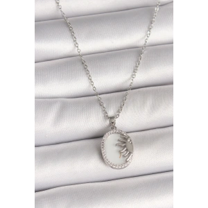 BFS 316L Çelik Gümüş Renk Zincir Beyaz Mineli Gün Batımı Model Zirkon Taş Detaylı Kadın Kolye