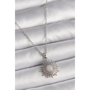 BFS 316L Çelik Gümüş Renk Zincir Beyaz Mineli Güneş Model Kadın Kolye