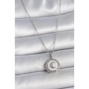 BFS 316L Çelik Gümüş Renk Zincir Beyaz Mineli Hilal İşlemeli Madalyon Model Kadın Kolye