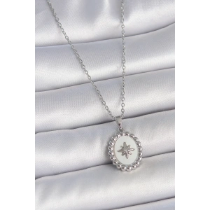 BFS 316L Çelik Gümüş Renk Zincir Beyaz Mineli Kutup Yıldız İşlemeli Madalyon Model Kadın Kolye