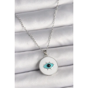 BFS 316L Çelik Gümüş Renk Zincir Beyaz Mineli Turkuaz Göz İşleme Model Kadın Kolye
