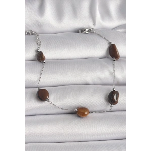 BFS 316L Çelik Gümüş Renk Zincir Kahverengi Doğaltaş Model Kadın Bileklik