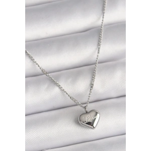 BFS 316L Çelik Gümüş Renk Zincir Love İşleme Kalp Figür Kadın Kolye