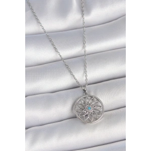 BFS 316L Çelik Gümüş Renk Zincir Mavi Taşlı Lotus Model Kadın Kolye