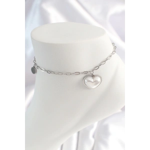 BFS 316L Çelik Gümüş Renk Zincir Model 3D Kalp Beyaz Kalp Figür Kadın HalHal