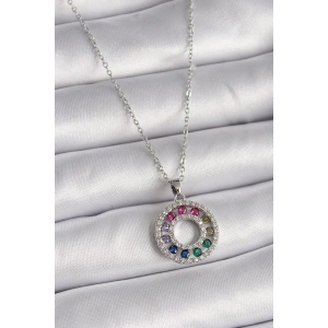 BFS 316L Çelik Gümüş Renk Zincir Renkli Zirkon Taşlı Madalyon Model Kadın Kolye
