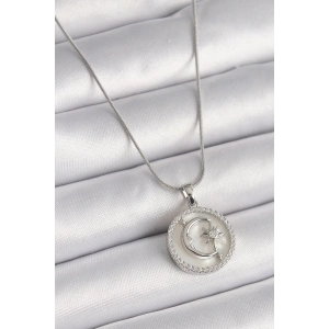 BFS 316L Çelik Gümüş Renk Zincir Zirkon Taş Detaylı Beyaz Sedefli Ay Yıldız İşleme Kadın Kolye