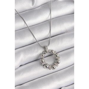 BFS 316L Çelik Gümüş Renk Zincir Zirkon Taş Detaylı Bombeli Halka Model Kadın Kolye