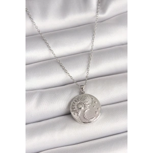BFS 316L Çelik Gümüş Renk Zincir Zirkon Taşlı Ay Güneş İşlemeli Madalyon Model Kadın Kolye