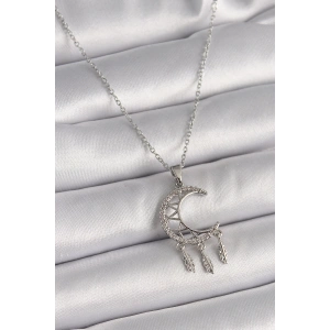 BFS 316L Çelik Gümüş Renk Zincir Zirkon Taşlı Hilal Model Sallantı Yaprak Detay Kadın Kolye