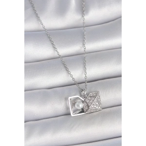 BFS 316L Çelik Gümüş Renk Zincir Zirkon Taşlı İncili Açılır Elmas Model Kadın Kolye