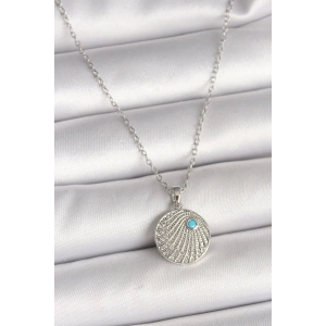 BFS 316L Çelik Gümüş Renk Zincir Zirkon Taşlı Mavi Taş Detaylı Madalyon Model Kadın Kolye